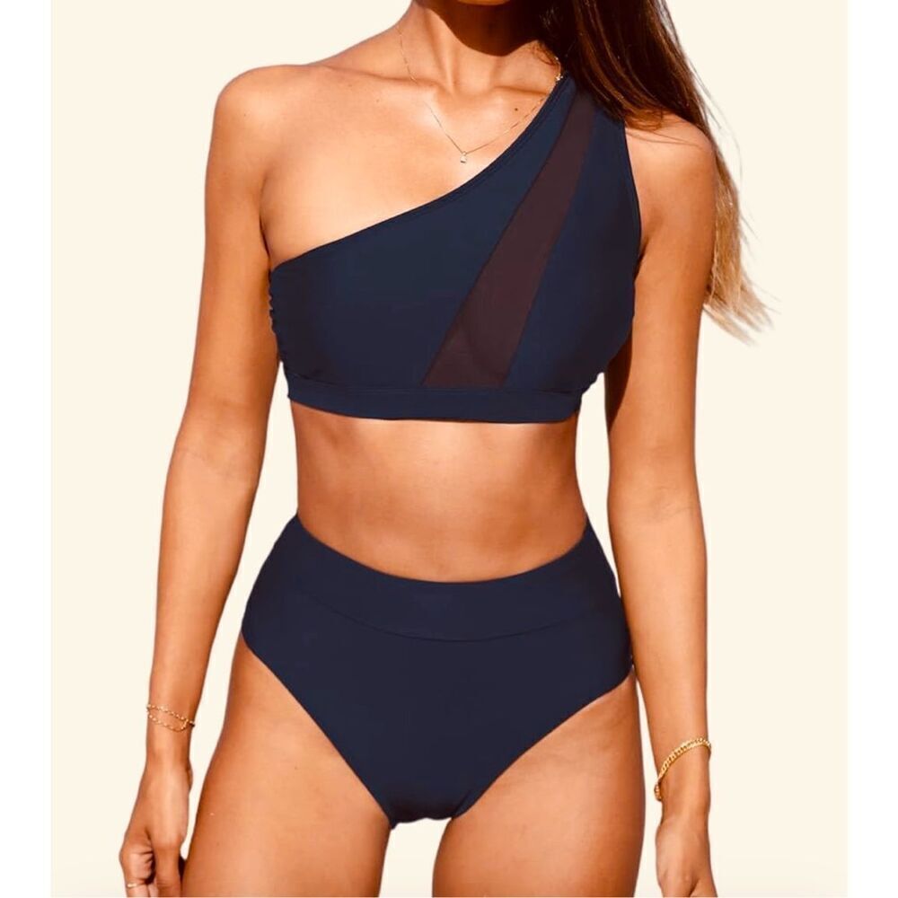 Cupshe Black One Shoulder Sheer Stripe Bikini Size Medium New